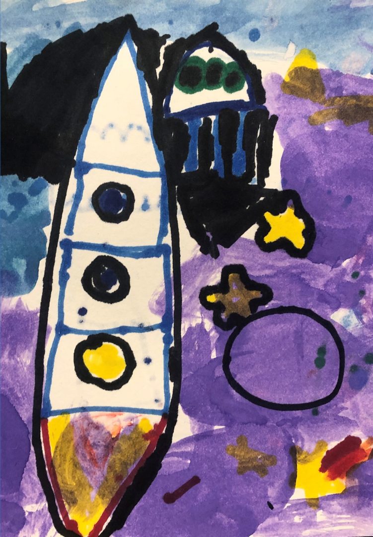 A child's colourful painting of a rocket in space